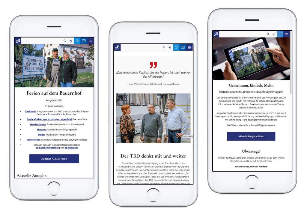 Drei unterschiedliche Artikel von ZB werden auf jeweils einem iPhone dargestellt.