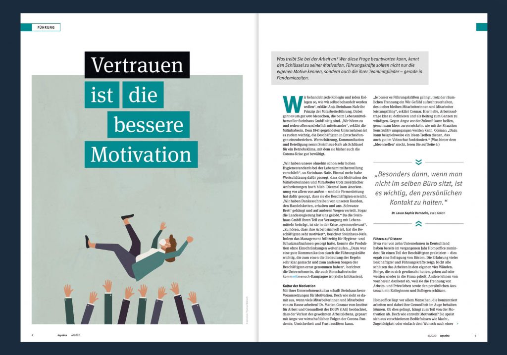 Eine aufgeschlagene Zeitschrift. Der aktuelle Artikel ist hat dem Titel: „Vertrauen ist die bessere Motivation“